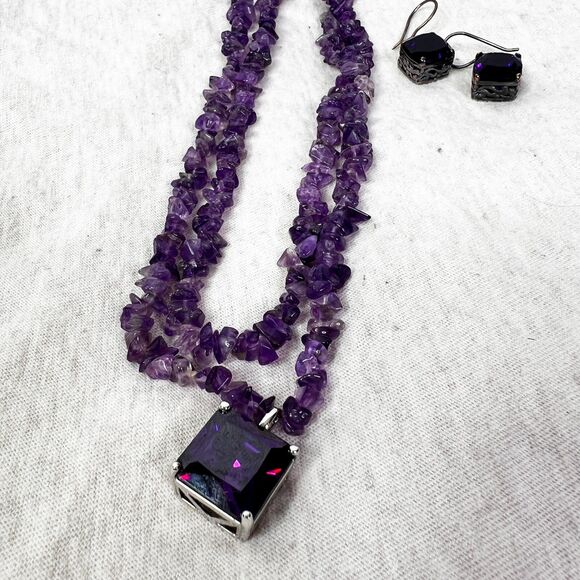 Vintage Amethyst Chipped Stone Necklace and Earrings | 925 Silver - Picture 1 of 10